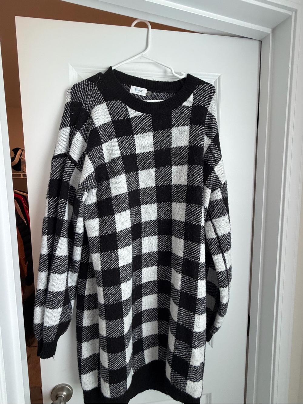 Black & White Buffalo Plaid Sweater Dress - Women's Cozy Knit